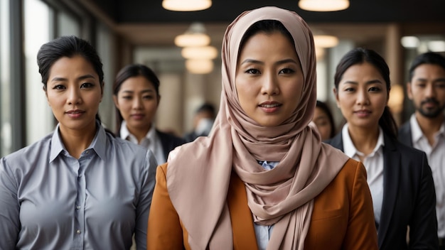 Усиливающий кадр азиатской бизнесменки в хиджабе, наставляющей и направляющей свою команду к успеху в d