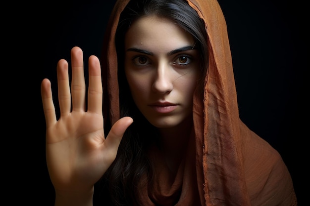 Photo empowering stop gesture in response to violence against women