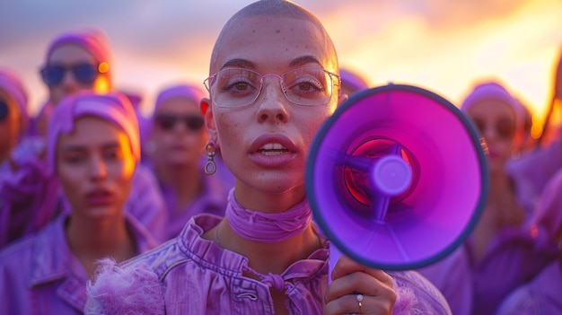Photo empowering woman holding megaphone at sunset leadership and unity in lavender