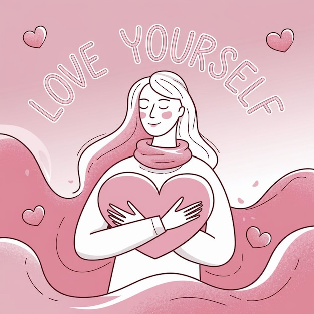 Photo empowering woman illustration with heart symbols promoting selflove on pink background