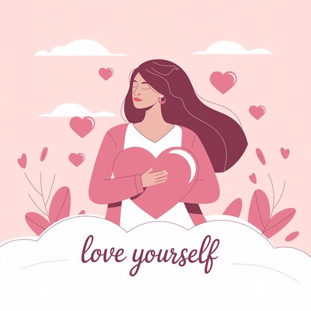 Photo empowering woman illustration with heart symbols promoting selflove on pink background