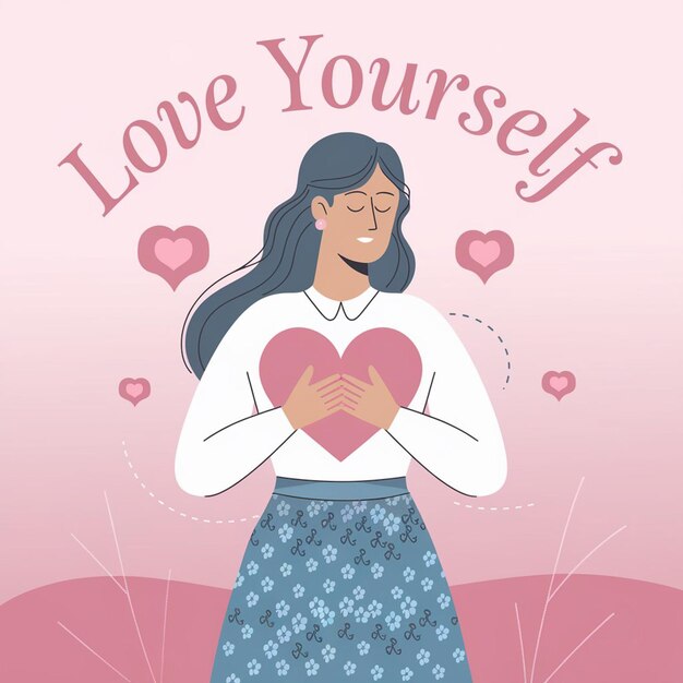 Photo empowering woman illustration with heart symbols promoting selflove on pink background