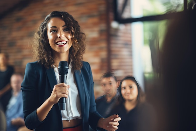 Photo empowering women in business insights from a female business professional at seminar address