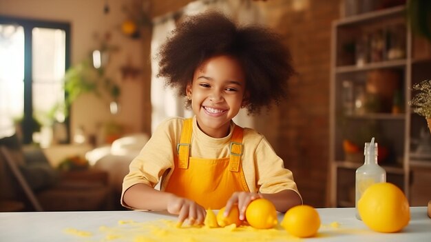 Photo empowering young minds african cute kid girl embraces responsibility making a mess right with fres