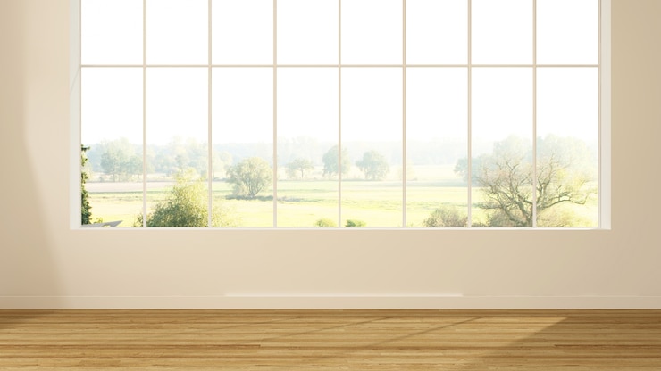 Photo empt simple space in hotel - 3d rendering and nature view background