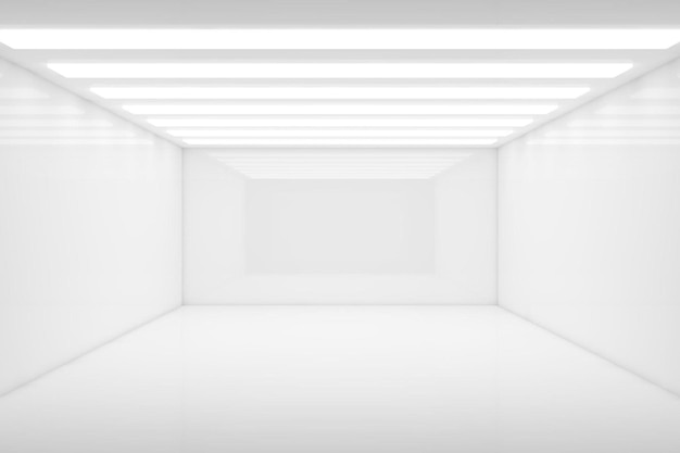 Empty 3d white room with stripes of ceiling lights