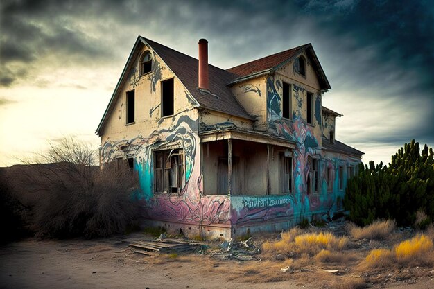 Empty abandoned house with painted walls without glass in windows