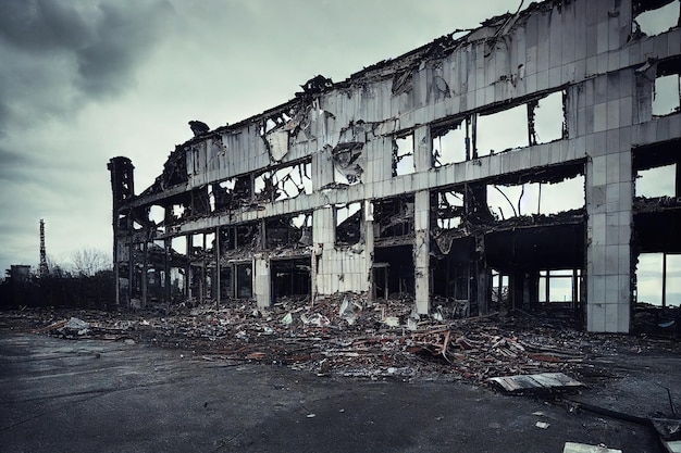 파괴된 산업 건물의 폐허가 있는 빈 버려진 사이트