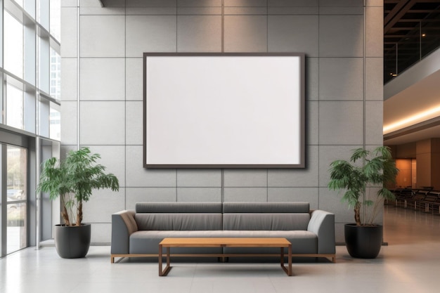 Empty advertising billboard frame on wall in office lobby mock up design template Generative AI