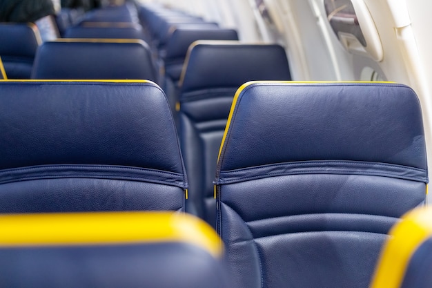 Photo empty airplane. passengers free airplane, cancelled flight.