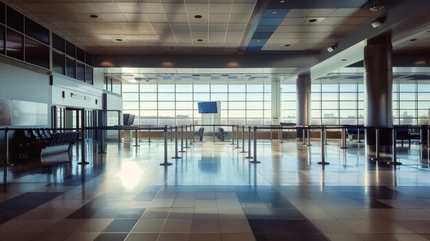 공허한 공항 체크인 구역, 현대적인 건축물과 큰 창문, 자동 체크인 공항