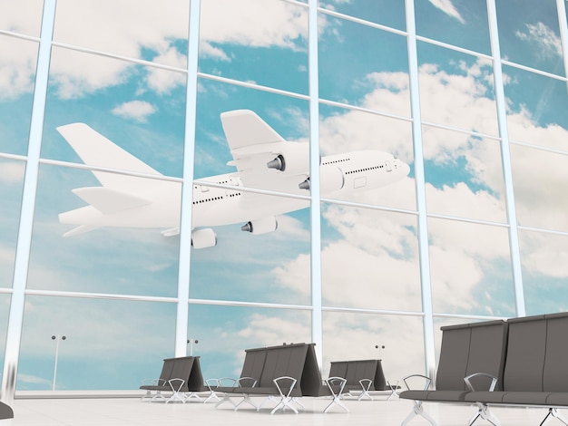 Empty airport terminal lounge with airplane take off on the background 3d rendering illustration