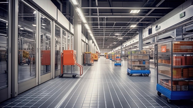 An empty alley of a supermarket with shopping carts