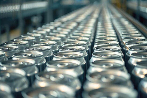 Empty aluminum cans for drinks move on conveyor at large factory Shallow depth of field