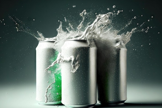 Photo empty aluminum cans mockup wet from water splashes