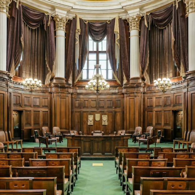 Foto sala d'udienza vuota in stile americano corte suprema di legge e giustizia stand trial courthouse before
