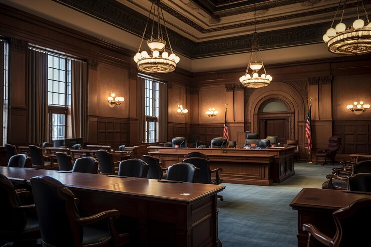 Empty Americanstyle courtroom setting the stage for a civil case hearing with anticipation