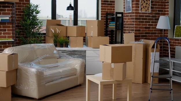 Empty apartment flat full of moving unpacked cardboard boxes, storage packages in living room. Relocation concept in new real estate property, furniture in carton containers with no people.