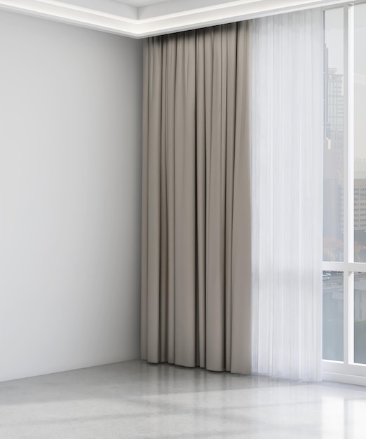 Empty apartment room with large window to cityscape view white sheer beige blackout curtain concealed ceiling with downlight hidden led light for interior design decoration product background 3D