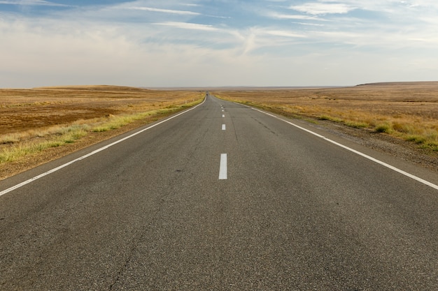 Foto strada asfaltata vuota attraverso la steppa, il kazakistan, bella strada