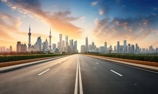 Empty asphalt road and city skyline with buildings at sunset in Shanghai