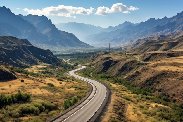 empty asphalt road in green meadow drone view professional photography