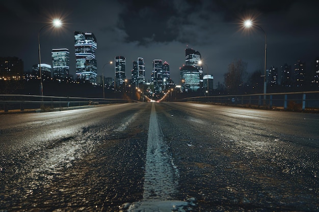 空のアスファルト道路と夜の近代的なスカイライン