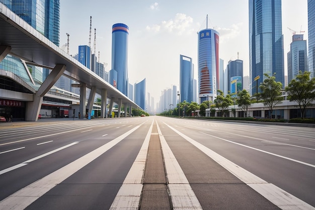 Empty asphalt road through modern city in china