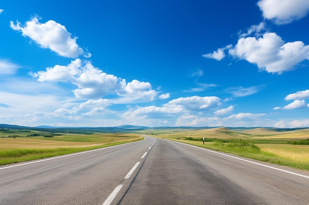 Photo empty_asphalt_road_with_blue_sky_with_clouds_on_top