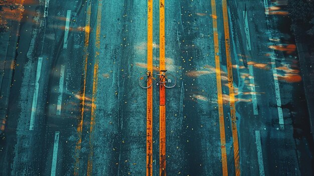 Photo empty asphalt road with cycle track and bike sign yellow dividing lines safety first generated by ai