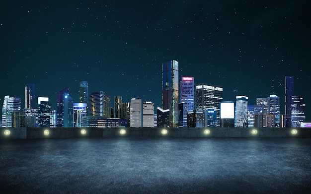 Empty asphalt roof top with modern city skyline night scene