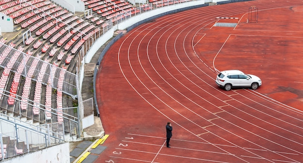 Empty athletic stadium during lockdown due to coronavirus.