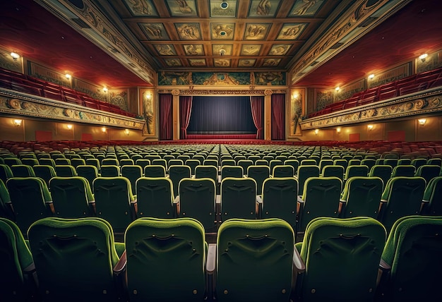 an empty auditorium with green seats in the style of classical