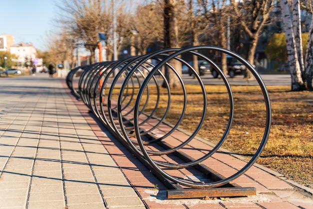 Empty autumn bike parking in the city