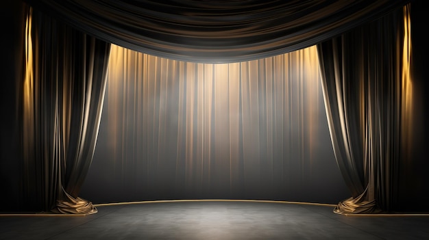 The empty background is a theater stage with black gold velvet curtains Backstage under spotlights and spotlights