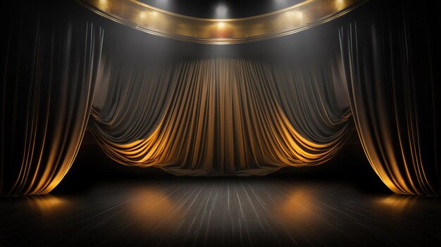 The empty background is a theater stage with black gold velvet curtains Backstage under spotlights and spotlights