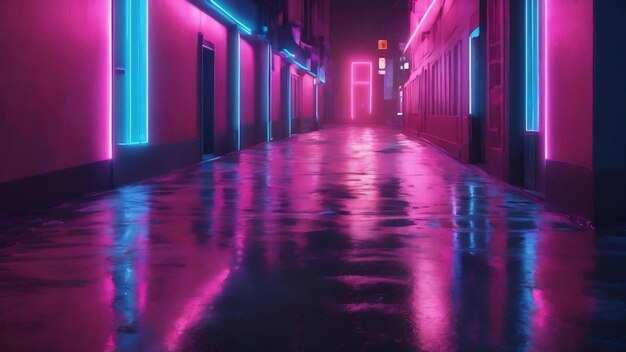 Empty background scene dark street reflection of blue and pink neon light on wet pavement