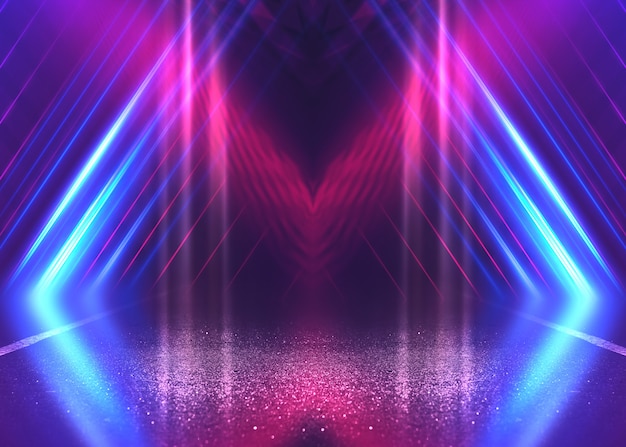 Empty background scene. dark street reflection on wet asphalt. rays of neon light in the dark, neon shapes, smoke. background of an empty stage show. abstract dark background