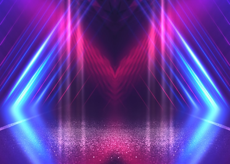 Photo empty background scene. dark street reflection on wet asphalt. rays of neon light in the dark, neon shapes, smoke. background of an empty stage show. abstract dark background.