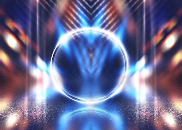 Empty background scene. dark street reflection on wet asphalt.
rays of neon light in the dark, neon shapes, smoke. background of
an empty stage show. abstract dark background.