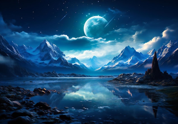 An empty background with a mountain and the planet moon