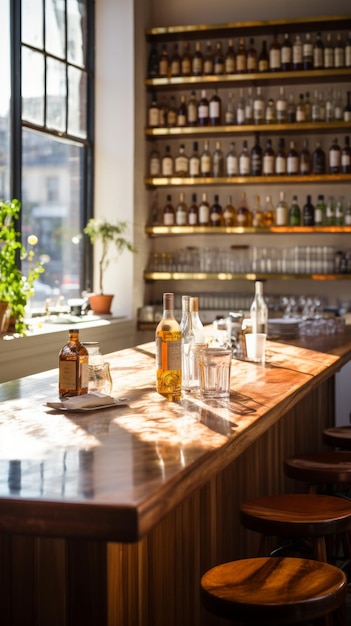 An empty bar with bottles on the counter