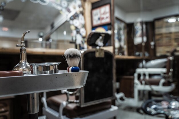 Empty barbershop with a plate with some barber tools