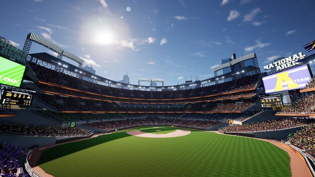 Empty Baseball Stadium Arena With Fans Crowd In The Sunny Day Lights