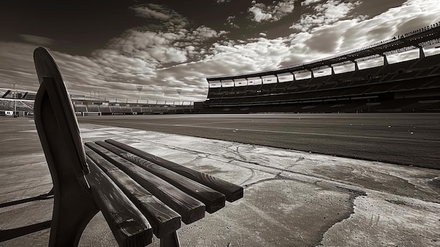 Photo an empty baseball stadium with a single bench in the foreground the sky is cloudy and the stadium is in disrepair