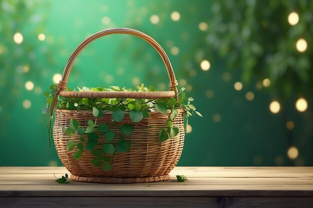 Foto cesto vuoto su tavolo di legno su sfondo bokeh verde modello di primavera e pasqua per il design