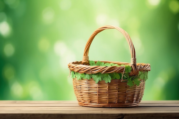 Foto cesto vuoto su tavolo di legno su sfondo bokeh verde modello di primavera e pasqua per il design