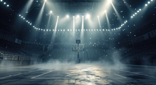 Una scena vuota dell'arena da basket in una luce brillante