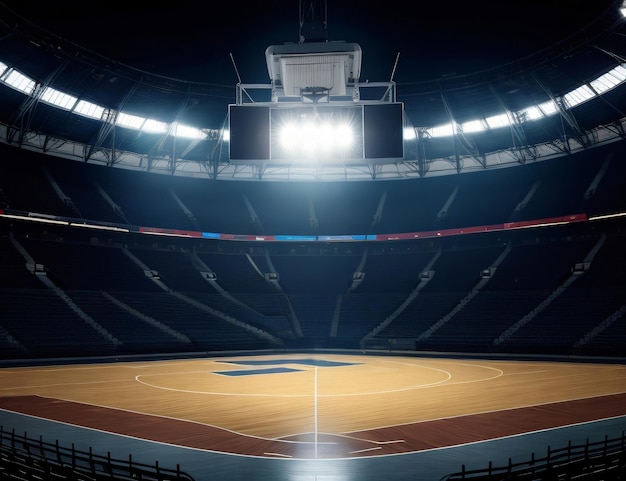 Empty basketball arena stadium sports ground with flashlights and fan sits