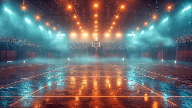 写真 スタジアムとバスケットボールのホープで光の線で空のバスケットボールコート